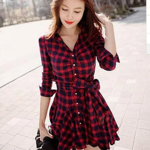 Korean | Dresses | Red Plaid Sexy Printed Long Sleeve Mini Shirt Dress |  Poshmark